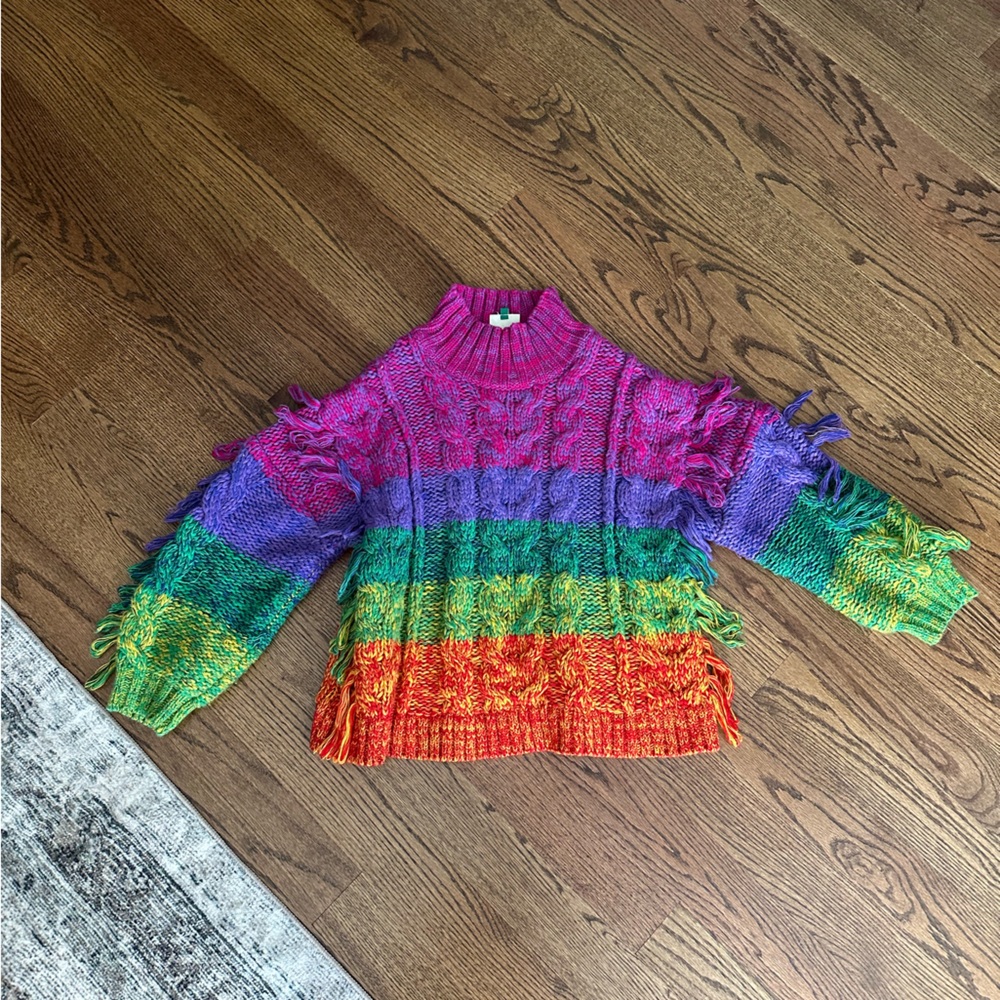 FARM Rio RAINBOW FRINGE OVERSIZED WOVEN SWEATER SIZE SMALL